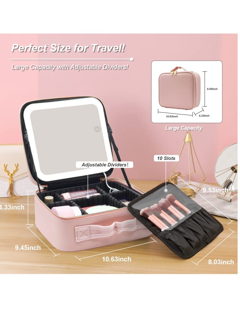 إسكدنيا كيس مكياج مزود بمرآة للضوء مضيئة ومرآة تكبير 20x، منظم كيس التجميل مزود بأقسام قابلة للضبط 26*23*10.8CM (وردي) - Image 2