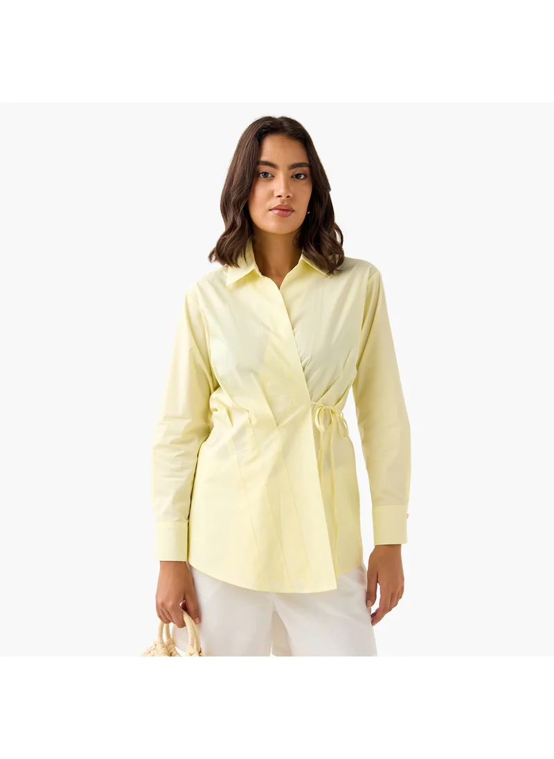 ايكونيك Iconic Poplin Wrap Top with Collar and Long Sleeves