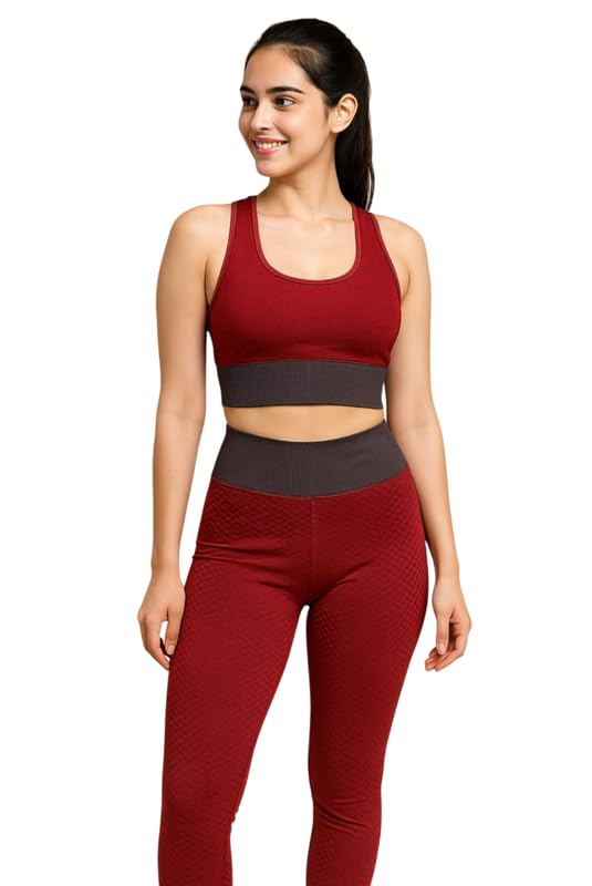 Malvina Women's Seamless Yoga Set – High-Waist Leggings and Sports Bra (Red,Small) - Image 5