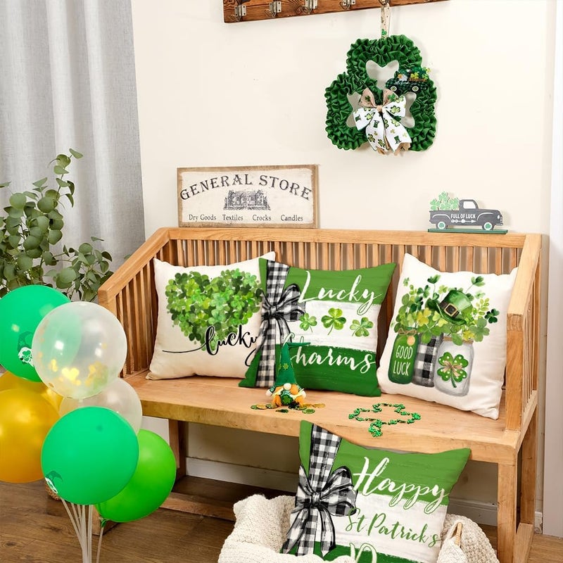 GEEORY St. Patrick's Day Pillow Covers 18 x 18 Inch Set of 4, Green Shamrock Heart Lucky Charm Buffalo Plaid Mason Jar Farmhouse Throw Pillowcases for Home Sofa Couch Cushion Decoration G439-18 - Image 2