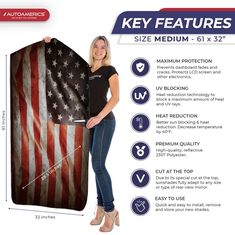 Autoamerics 1-Piece Windshield Sun Shade Grunge American Flag - 1 USA Design - Foldable Car Front Window Sunshade for Most Sedans SUV Truck - Blocks Max UV Rays and Keeps Your Vehicle Cool - Medium - Image 2