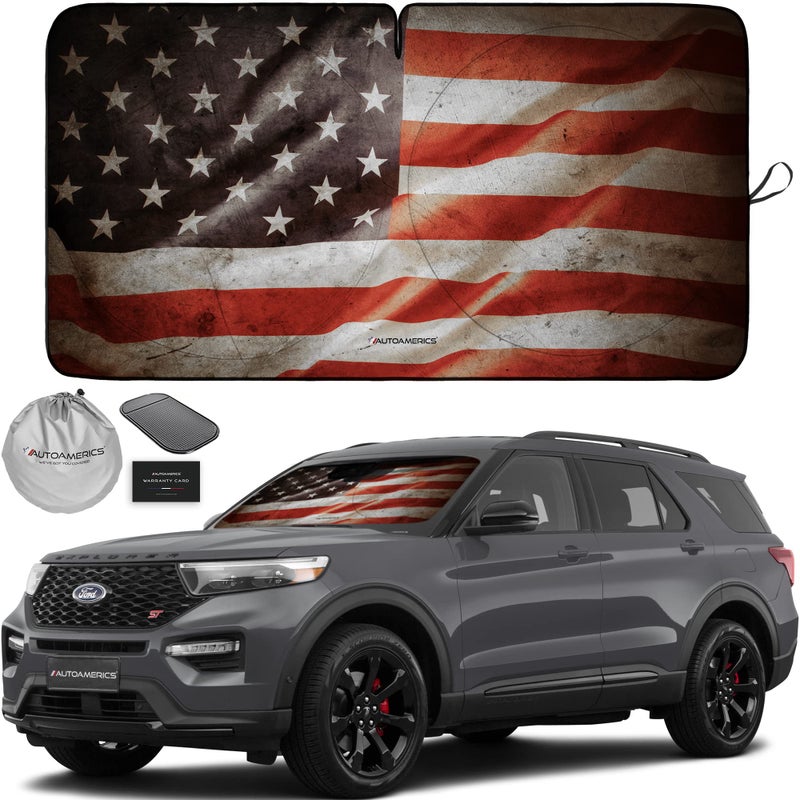 Autoamerics 1-Piece Windshield Sun Shade Grunge American Flag - 1 USA Design - Foldable Car Front Window Sunshade for Most Sedans SUV Truck - Blocks Max UV Rays and Keeps Your Vehicle Cool - Medium - Image 1