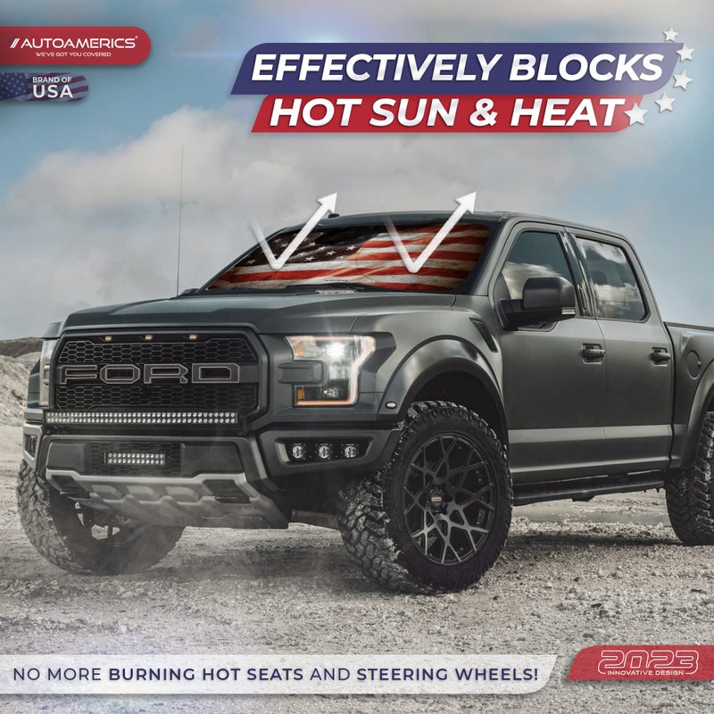 Autoamerics 1-Piece Windshield Sun Shade Grunge American Flag - 1 USA Design - Foldable Car Front Window Sunshade for Most Sedans SUV Truck - Blocks Max UV Rays and Keeps Your Vehicle Cool - Medium - Image 3