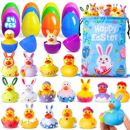 ANGGIKO 24 Pcs Prefilled Easter Eggs with Easter Rubber Ducks Easter Basket Stuffers Party Favors Fun Bath Toys Jeep for Ducks Easter Egg Hunt Holiday Classroom Gifts Prizes for Kids Toddler - Image 1