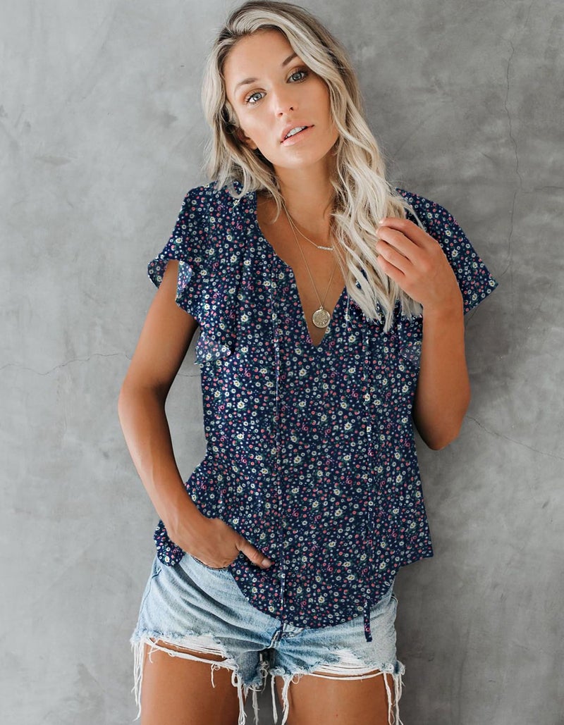 SimpleFun Casual Tops for Women Summer Short Sleeve V Neck Bohemian Ditsy Floral Shirts (Navy Blue,XL) - Image 2