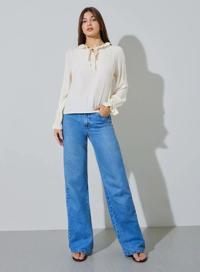 ستايلي Beige Solid Long Sleeve Ruffle Blouse with Tie-Neck