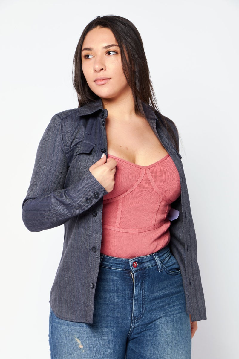 STELLA MCCARTNEY Women Spread Collar Long Sleeve Solid Top, Navy  - Image 1