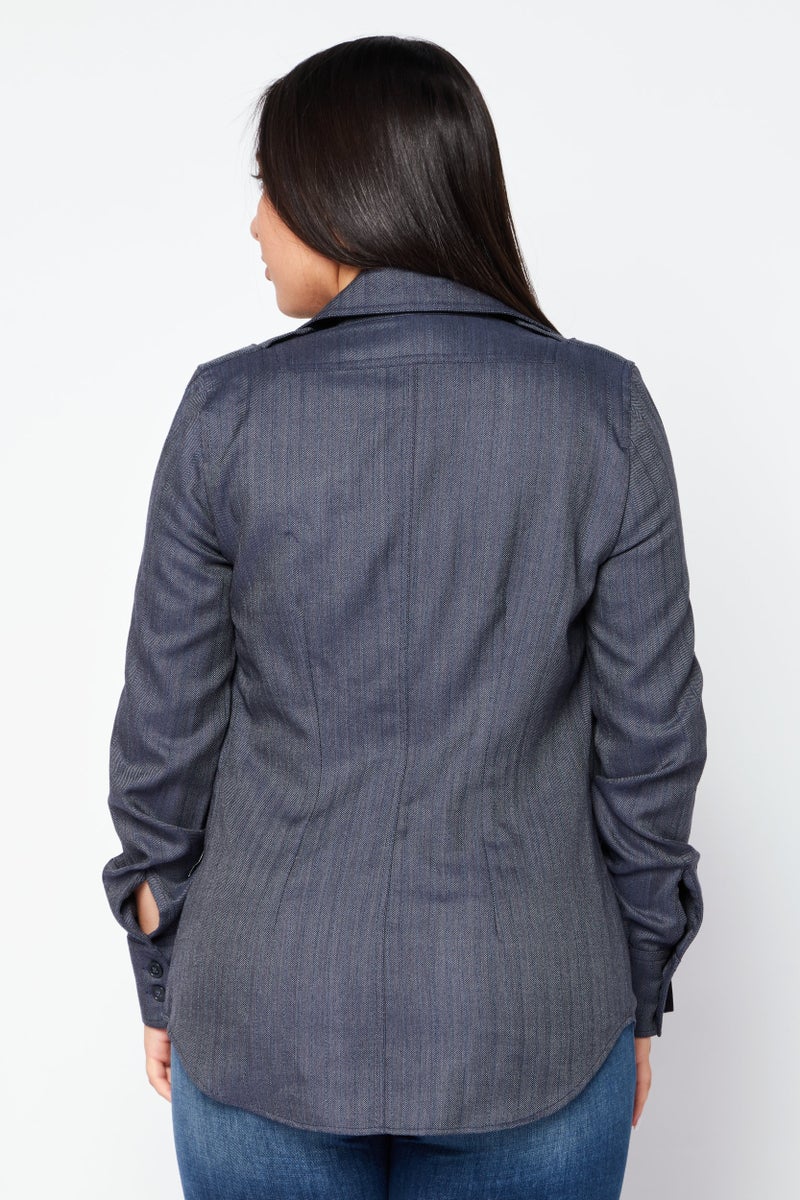 STELLA MCCARTNEY Women Spread Collar Long Sleeve Solid Top, Navy  - Image 2