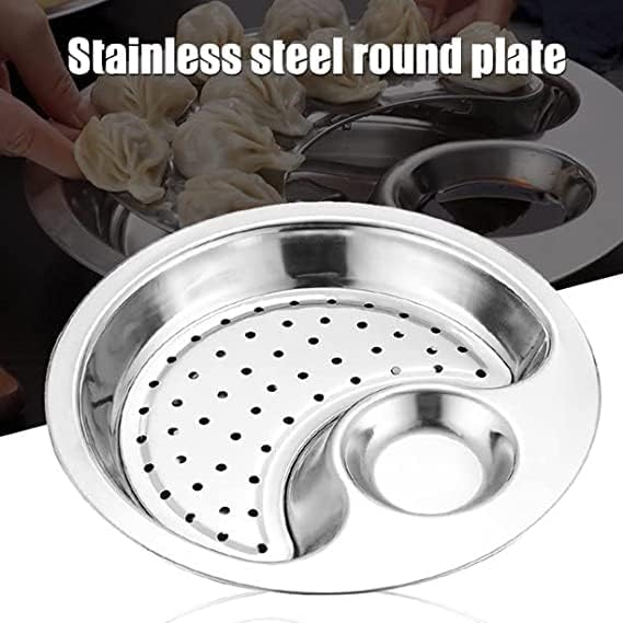 Simxen Stainless Steel Dumpling Tray with Vinegar Dish, Dumpling Drainage Tray Fries Tray Fruit Bowl Mostly Steamer Tray Single Dish of Dumplings Dinner Plates Serving Dish - Image 2
