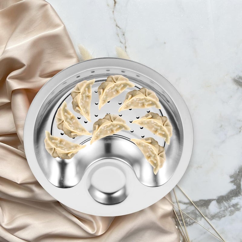 Simxen Stainless Steel Dumpling Tray with Vinegar Dish, Dumpling Drainage Tray Fries Tray Fruit Bowl Mostly Steamer Tray Single Dish of Dumplings Dinner Plates Serving Dish - Image 3