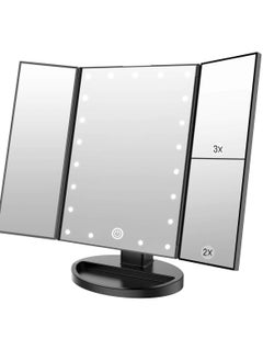WEILY Makeup Mirror with 21 LED Lights,Two Power Supply Modes, Adjustable Touch Screen and 1x/2x/3x Magnification Tri-Fold Vanity Mirror,Chargeable Travel Cosmetic Mirror for Desktop (Black)