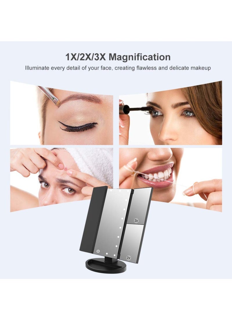 WEILY - WEILY Makeup Mirror with 21 LED Lights,Two Power Supply Modes, Adjustable Touch Screen and 1x/2x/3x Magnification Tri-Fold Vanity Mirror,Chargeable Travel Cosmetic Mirror for Desktop (Black) - Image 1