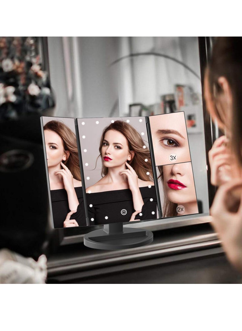 WEILY - WEILY Makeup Mirror with 21 LED Lights,Two Power Supply Modes, Adjustable Touch Screen and 1x/2x/3x Magnification Tri-Fold Vanity Mirror,Chargeable Travel Cosmetic Mirror for Desktop (Black) - Image 1