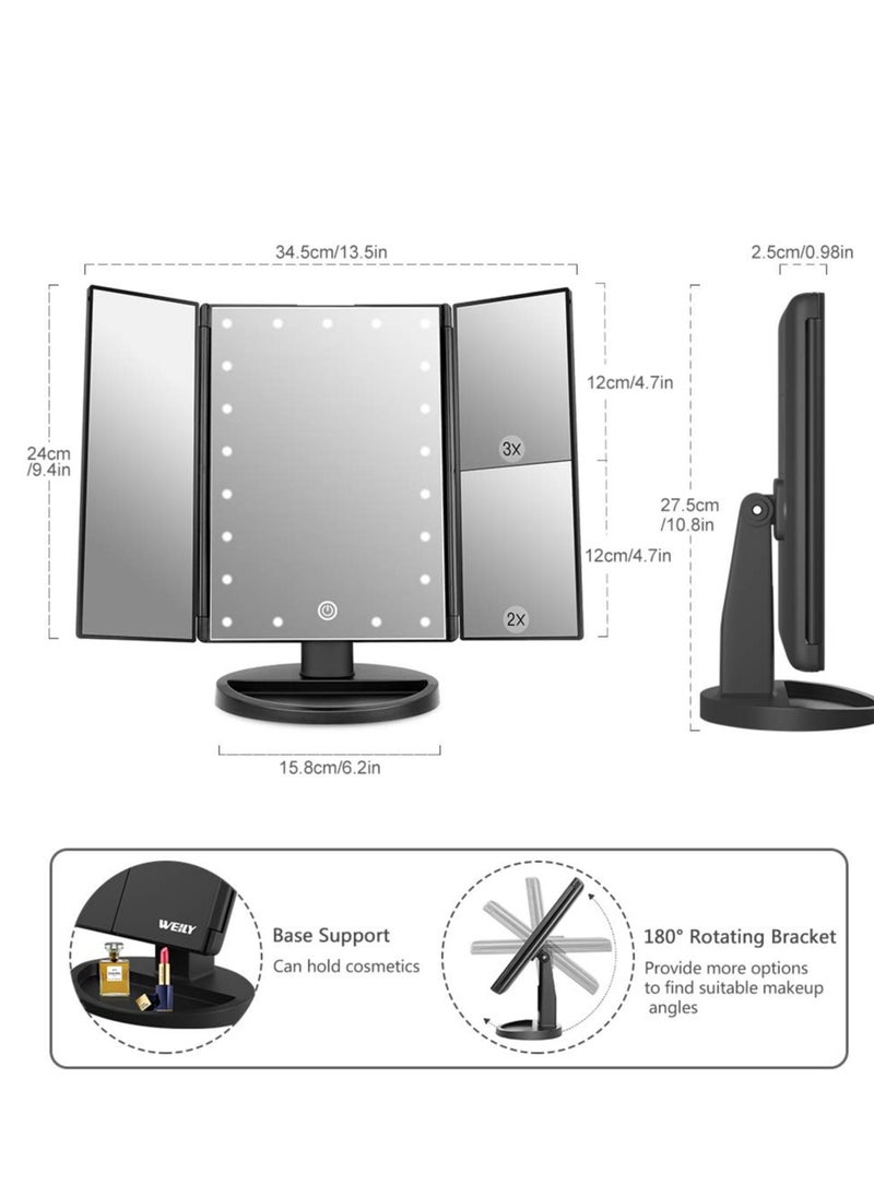 WEILY - WEILY Makeup Mirror with 21 LED Lights,Two Power Supply Modes, Adjustable Touch Screen and 1x/2x/3x Magnification Tri-Fold Vanity Mirror,Chargeable Travel Cosmetic Mirror for Desktop (Black) - Image 1