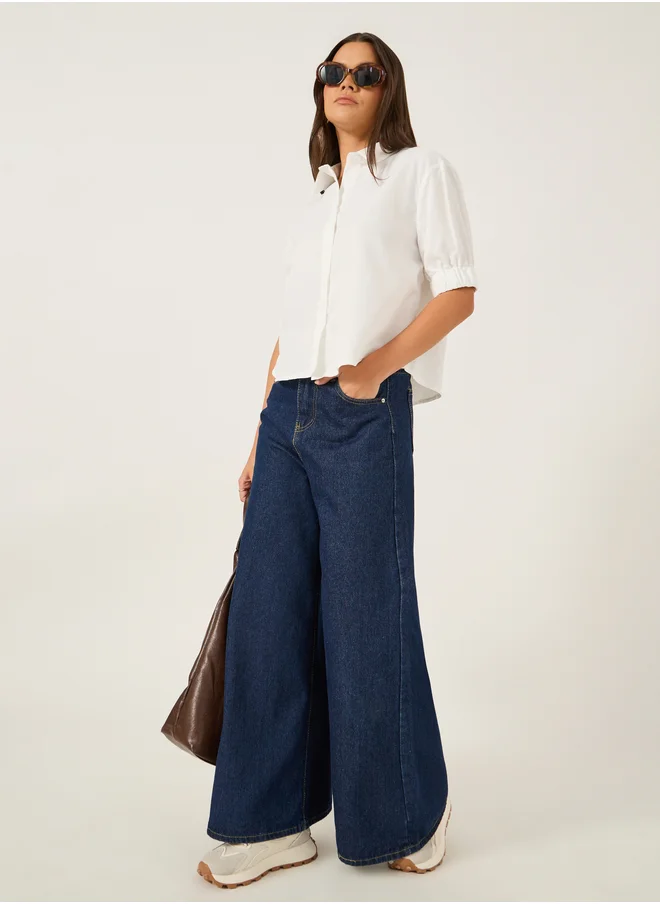 Styli Solid Puff Sleeve Boxy Fit Spread Collar Shirt
