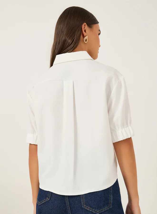 Styli Solid Puff Sleeve Boxy Fit Spread Collar Shirt