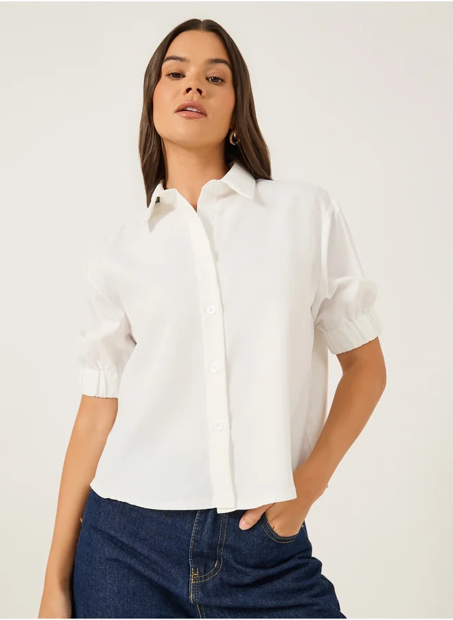 Styli Solid Puff Sleeve Boxy Fit Spread Collar Shirt
