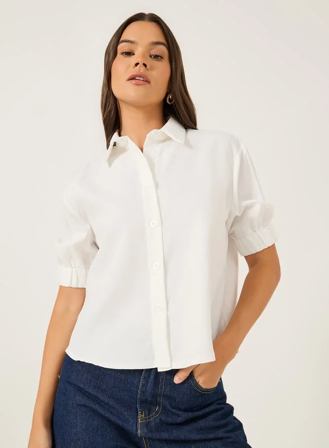 Styli Solid Puff Sleeve Boxy Fit Spread Collar Shirt