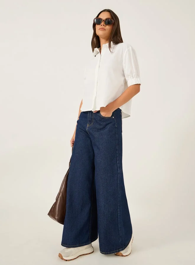 Styli Solid Puff Sleeve Boxy Fit Spread Collar Shirt