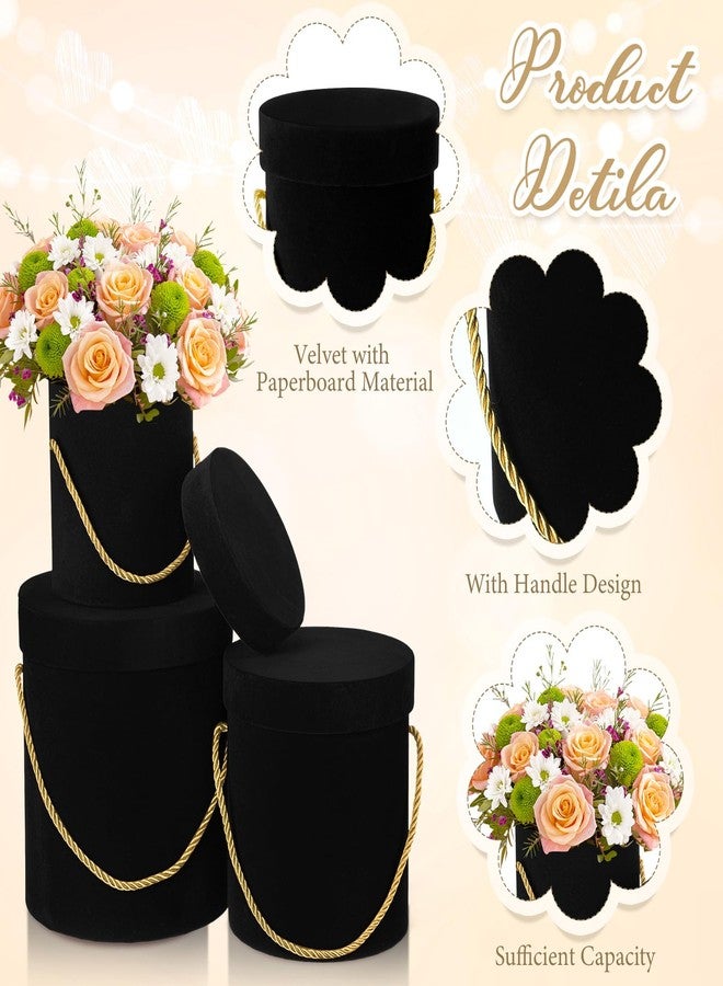 Uiifan 6 Pcs Velvet Round Flower Box with Lids Velvet Nesting Gifts Box with Handle for Valentine's Day Wedding Holiday Luxury Flower Gift Arrangement Bridesmaid Birthday Party Favor(Black) - Image 2