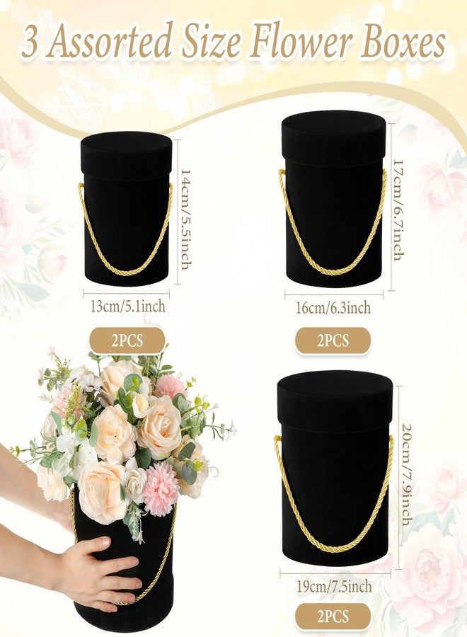 Uiifan 6 Pcs Velvet Round Flower Box with Lids Velvet Nesting Gifts Box with Handle for Valentine's Day Wedding Holiday Luxury Flower Gift Arrangement Bridesmaid Birthday Party Favor(Black) - Image 3