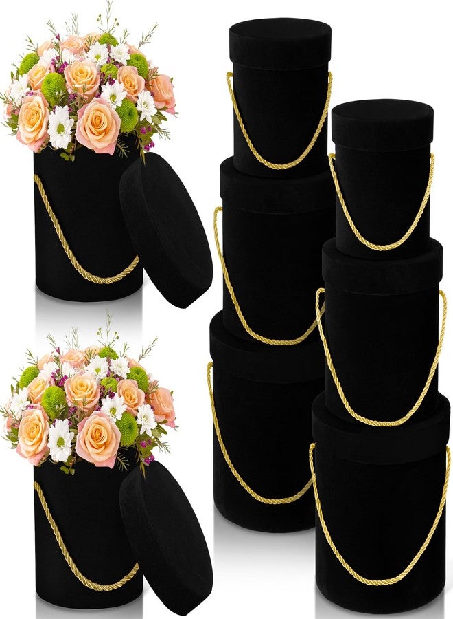 Uiifan 6 Pcs Velvet Round Flower Box with Lids Velvet Nesting Gifts Box with Handle for Valentine's Day Wedding Holiday Luxury Flower Gift Arrangement Bridesmaid Birthday Party Favor(Black) - Image 1