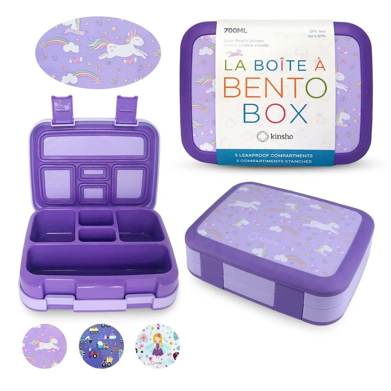 Bento Box Lunch Boxes for Toddlers Kids Girls 5 Portion Sections Secure Lid BPA Free Removable Tray PreSchool Kid Daycare Lunches Snack Container Ages 3 to 5 Loncheras Para Nias Purple Unicorn