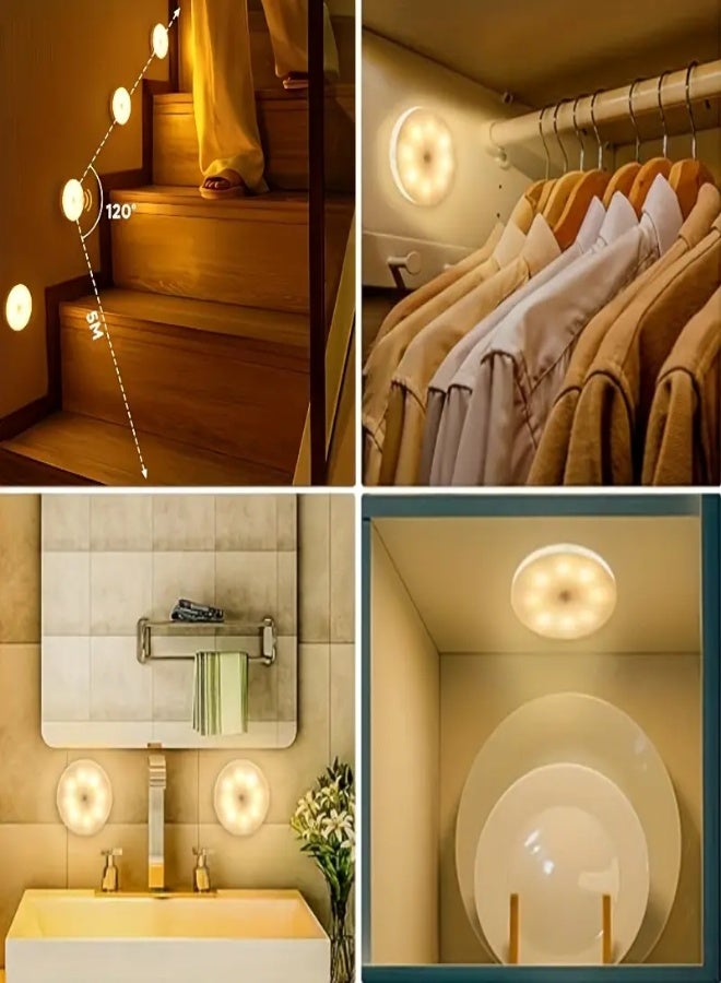 ارواق ٦ مصابيح حائط دائرية بإضاءة دافئة مزودة بحساس حركة - ٨ مصابيح LED مع بطارية قابلة لإعادة الشحن عبر USB، إضاءة قابلة للتعديل ومفتاح تشغيل | إضاءة لاسلكية عصرية لغرفة النوم، والخزانة، والسلالم، والممرات، والمكتب، والجراج. - Image 3