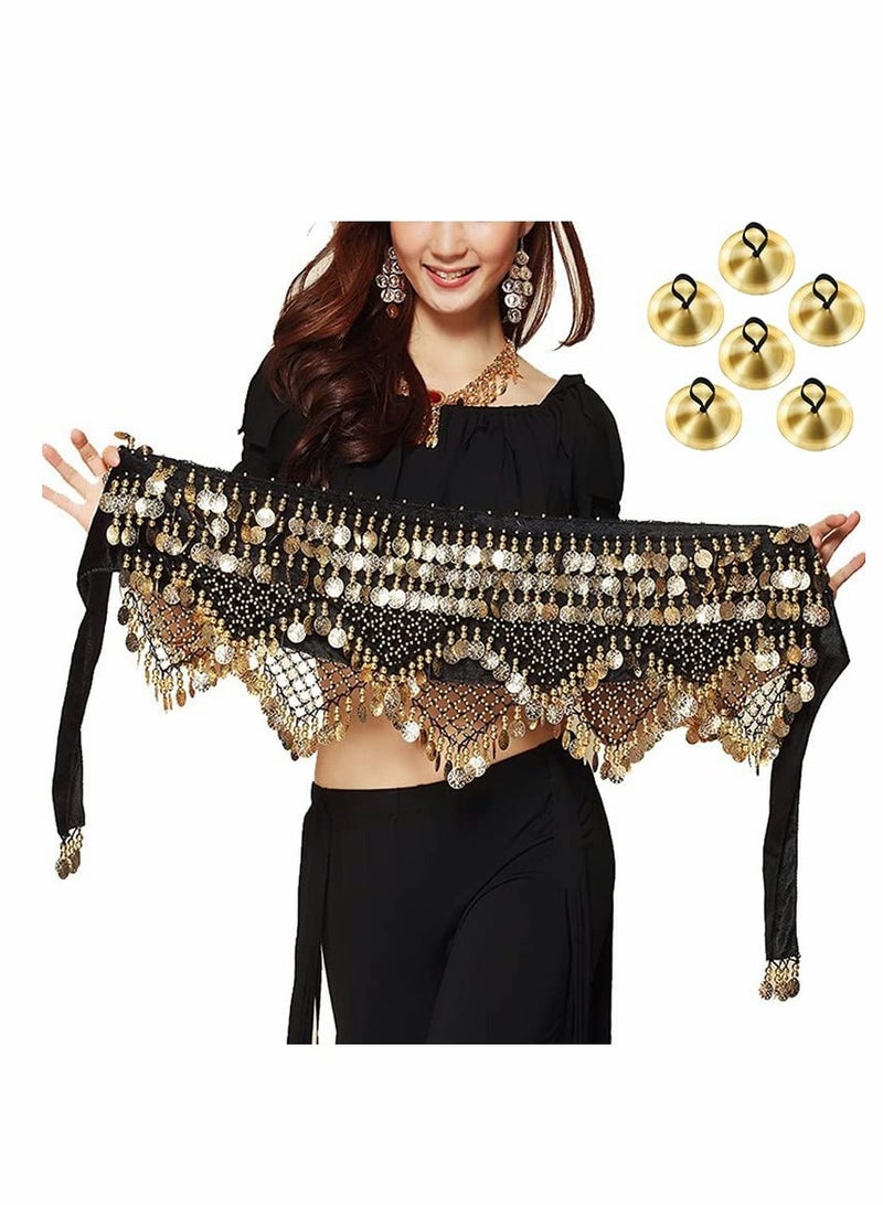 Belly Dance Hip Scarf with Sequins and Coins for Performance and Practice, Perfect for Zumba and Yoga Classes, Includes 3 Pairs of Finger Cymbals - Image 1