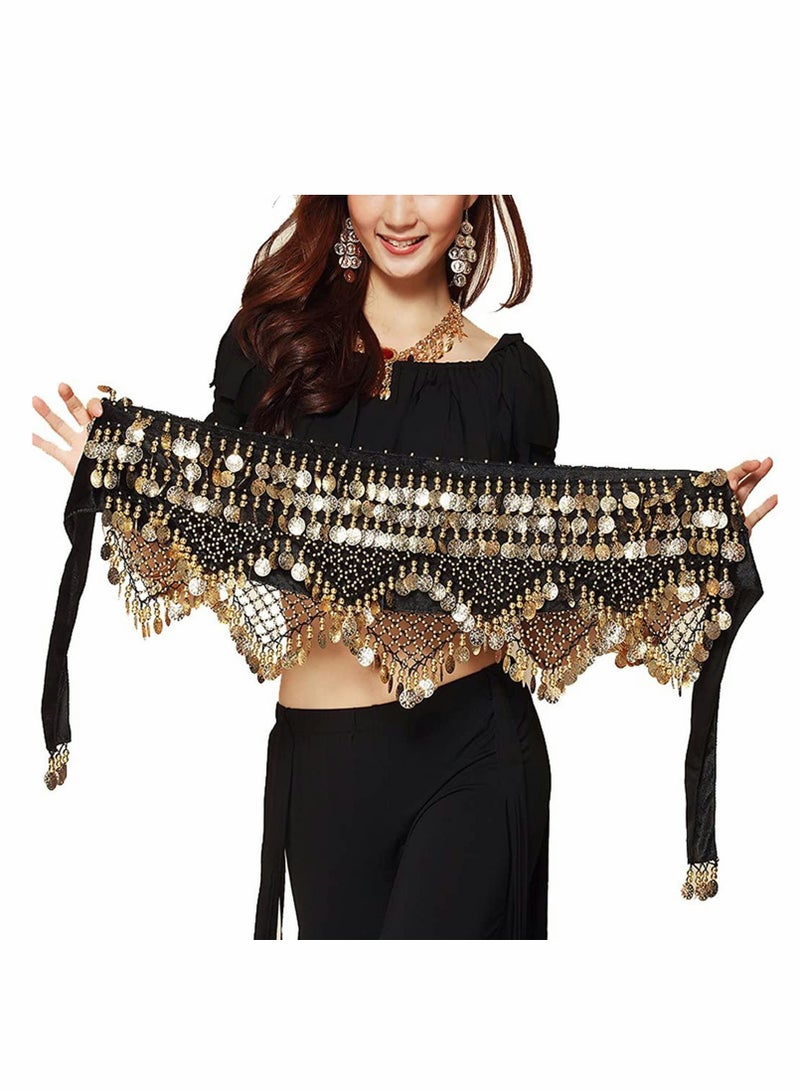 Belly Dance Hip Scarf with Sequins and Coins for Performance and Practice, Perfect for Zumba and Yoga Classes, Includes 3 Pairs of Finger Cymbals - Image 2