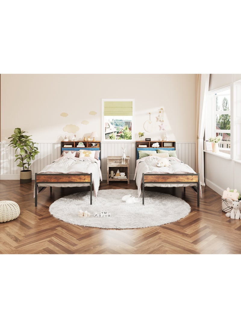 ACPLAY Twin Metal Platform Bed Frame with Upholstered Storage Headboard, 31 cm Underbed Clearance, Heavy Duty Frame Holds up to 800 lbs, No Box Spring Needed, Easy Assembly for Small Rooms - Image 2