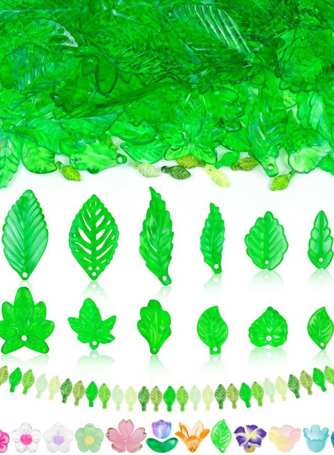 FIVEIZERO 200Pcs Acrylic Green Leaf Beads for Jewelry Making, Transparent Maple Leaves Pendants Tiny Green Leaf Bead Caps for Beaded Plant Earrings Necklaces Bracelets DIY Crafts - Image 1