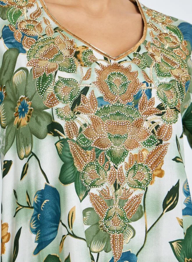 Amirah  Green Floral Print Mukhawar Jalabiya for Women | Best Price UAE