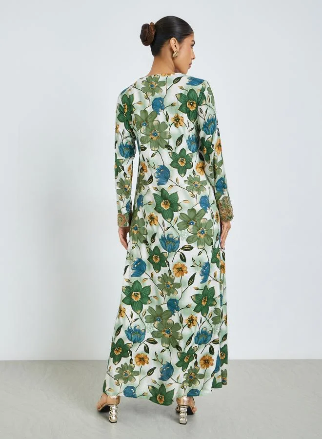 Amirah  Green Floral Print Mukhawar Jalabiya for Women | Best Price UAE