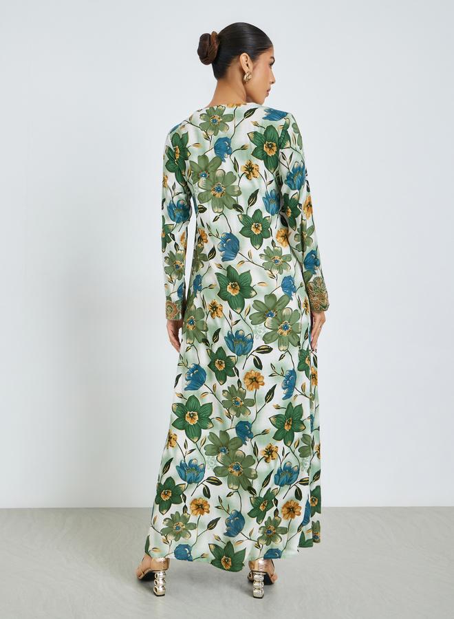 Amirah Green Floral Print Mukhawar Jalabiya - Image 3
