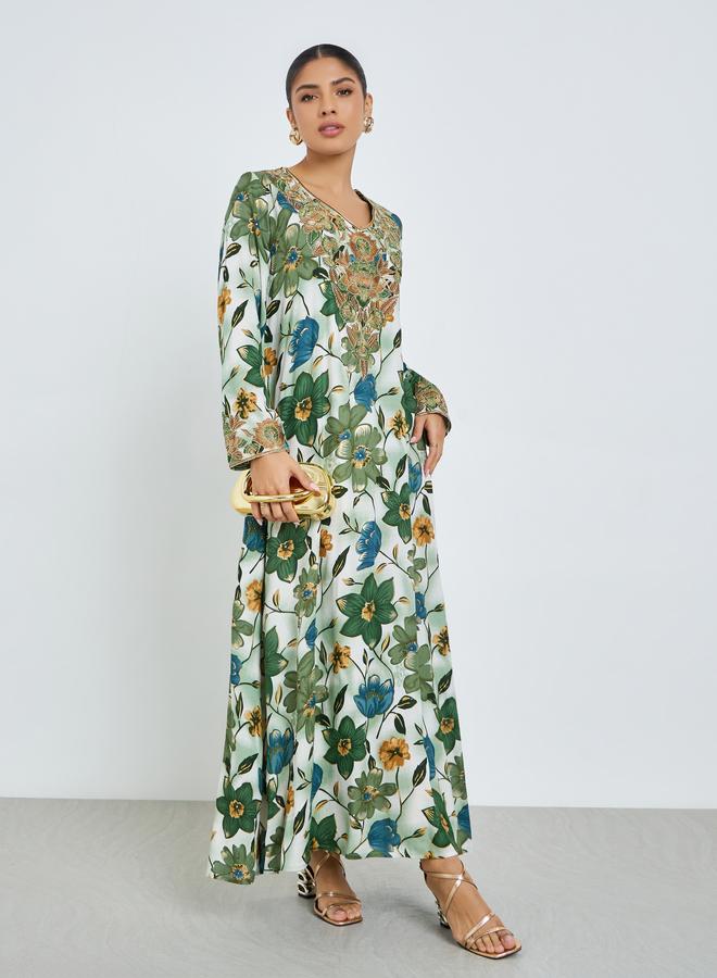Amirah Green Floral Print Mukhawar Jalabiya - Image 1