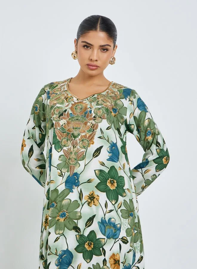 Amirah Green Floral Print Mukhawar Jalabiya