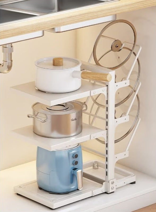 BLOOMING TIME Adjustable Pot Lid/Cookware Storage Rack, Under-Sink Cookware Storage Rack, Countertop Cookware Storage Rack, Height-Adjustable, Multi-Layer Cookware/Pot Lid Storage Rack (White) - Image 1