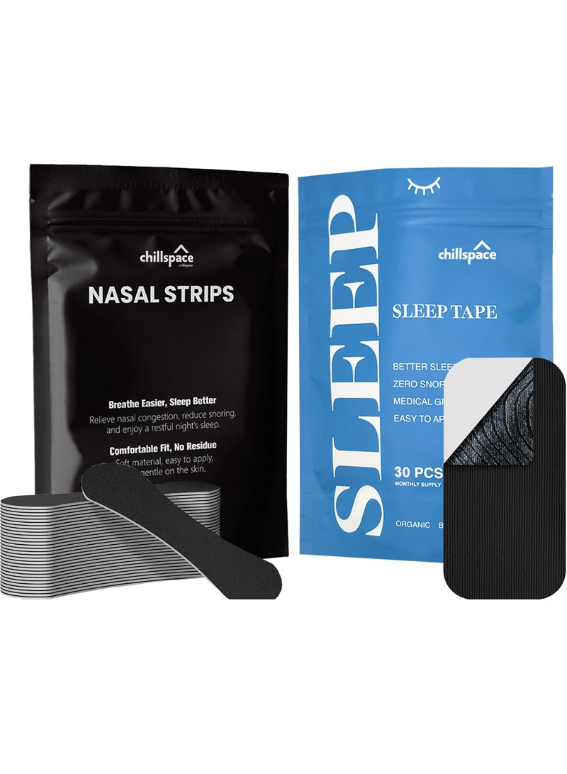Chillspace Nasal Strips & Mouth Tape Set for 60 PCS | Oil & Sweat Proof Nose Patches + Bamboo silk Mouth Strips | Hypoallergenic, Strong Hold for Anti Snoring & Better Sleep (Black) - Image 1