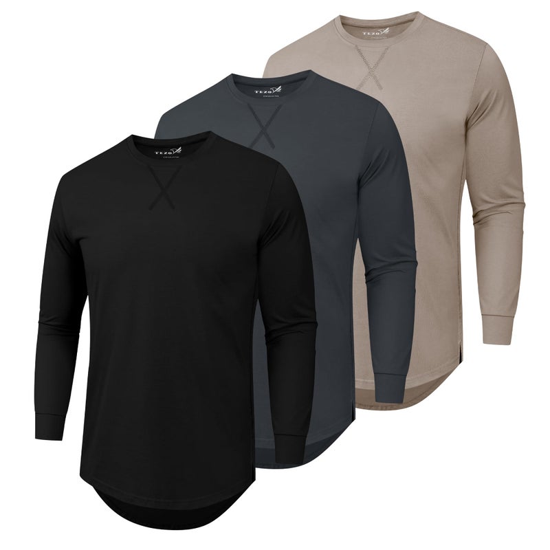 Mens 3 Pack Cotton Plain T Shirts Crew Neck Long Sleeve Casual Tee Shirts Hipster Hip Hop Longline Droptail ShirtBKDGKA XL