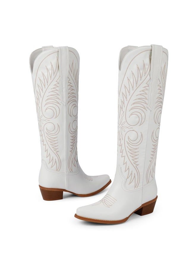 Modatope Cowboy Boots for Women Knee High Cowgirl Boots Embroidered Pointed Toe Chunky Heel Western Boots Pull On Tall Boot, White Pu, 8 - Image 5