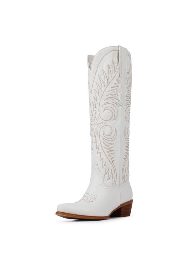Modatope Cowboy Boots for Women Knee High Cowgirl Boots Embroidered Pointed Toe Chunky Heel Western Boots Pull On Tall Boot, White Pu, 8 - Image 1