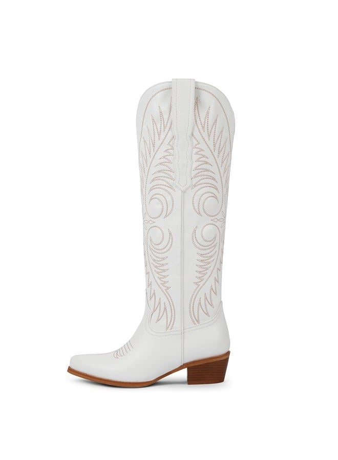 Modatope Cowboy Boots for Women Knee High Cowgirl Boots Embroidered Pointed Toe Chunky Heel Western Boots Pull On Tall Boot, White Pu, 8 - Image 4