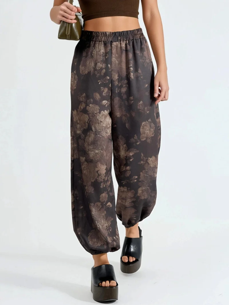 Qustyle QU STYLE Patterned Baggy Fit Elastic Leg Pants with Pockets