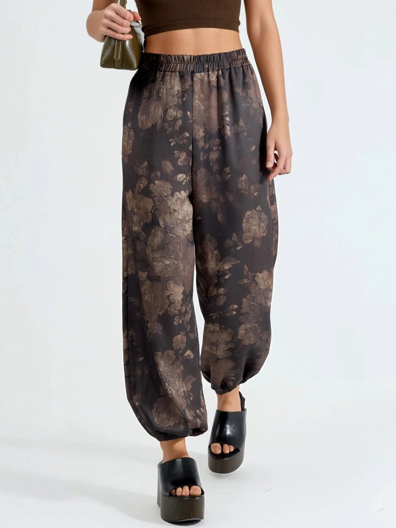 Qustyle QU STYLE Patterned Baggy Fit Elastic Leg Pants with Pockets - Image 1
