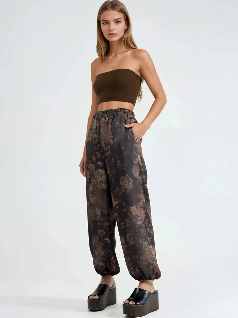 Qustyle QU STYLE Patterned Baggy Fit Elastic Leg Pants with Pockets