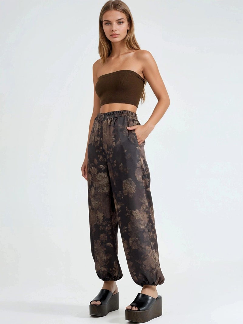 Qustyle QU STYLE Patterned Baggy Fit Elastic Leg Pants with Pockets - Image 2