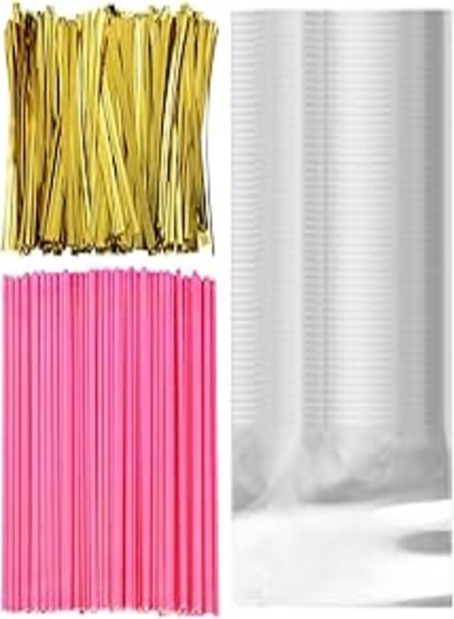 400Pcs DIY Candy Cake Set 100Pcs Pink Paper Sticks, 100Pcs Lollipop Bag, 200Pcs Gold Silk Ties For Lollipops, Cake Lollipops, Candy And Biscuit Ties