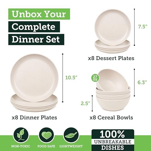 Grow Forward 24-piece Premium Wheat Straw Dinnerware Sets for 8 - Unbreakable Dishwasher & Microwave Safe Plastic Plates and Bowls Sets - Patio, Outdoors, RV, Camping Dishes - Sahara - Image 3