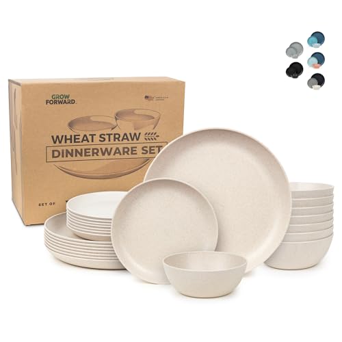 Grow Forward 24-piece Premium Wheat Straw Dinnerware Sets for 8 - Unbreakable Dishwasher & Microwave Safe Plastic Plates and Bowls Sets - Patio, Outdoors, RV, Camping Dishes - Sahara - Image 1